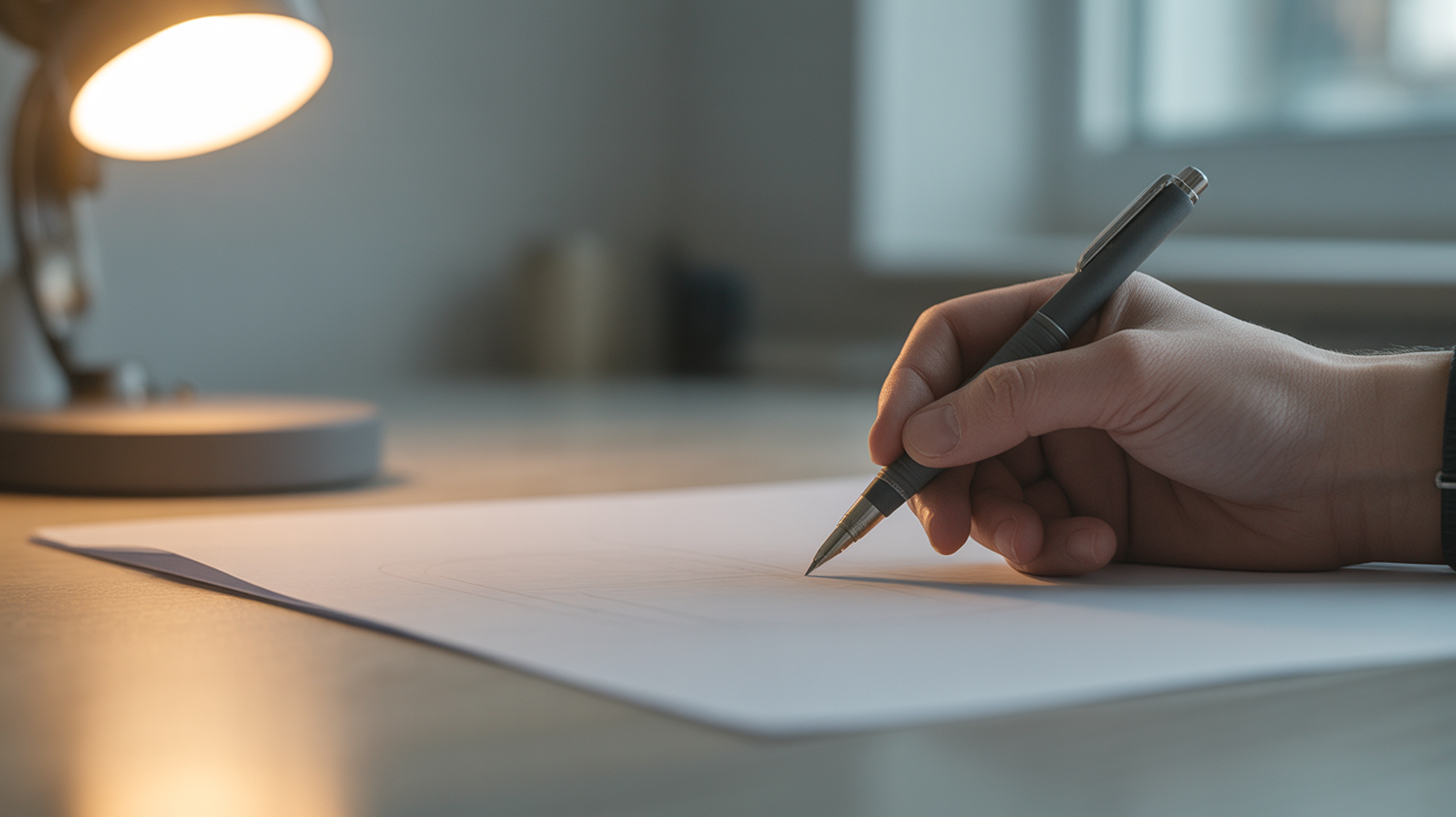 Extreme close up of a hand holding a fine technical pen resting on smooth tracing paper, the paper completely blank, warm desk light