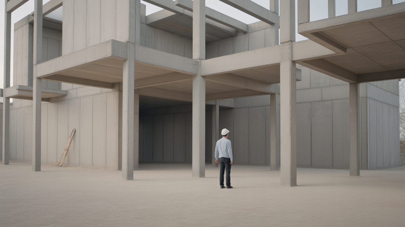 A worker standing inside an unfinished concrete frame