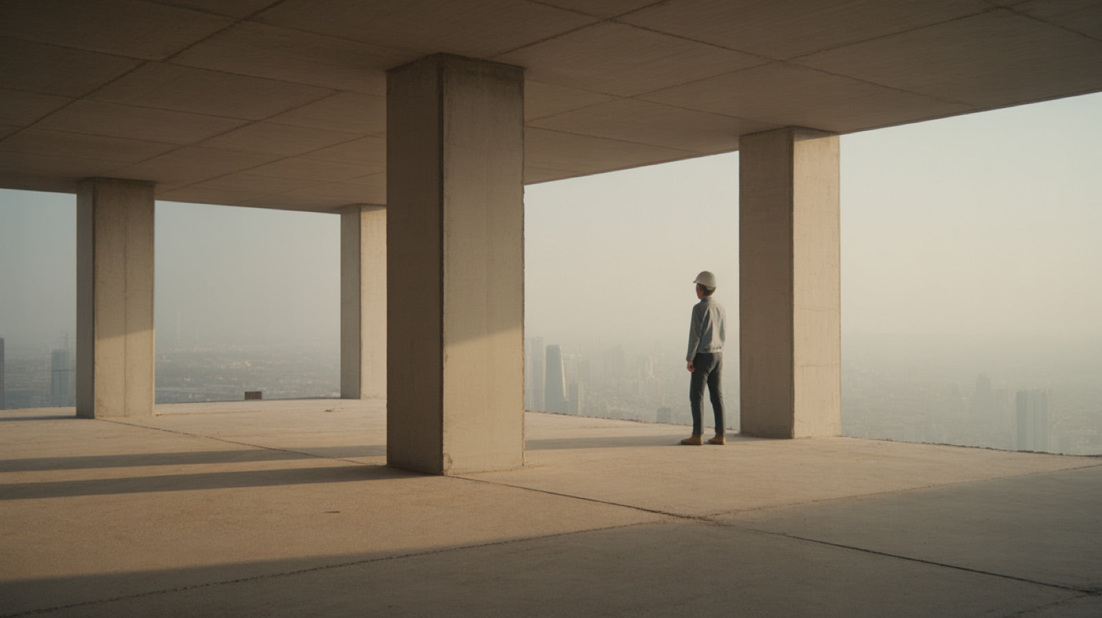 Architect in a hard hat standing at the open edge of an unfinished concrete floor plate above a hazy city