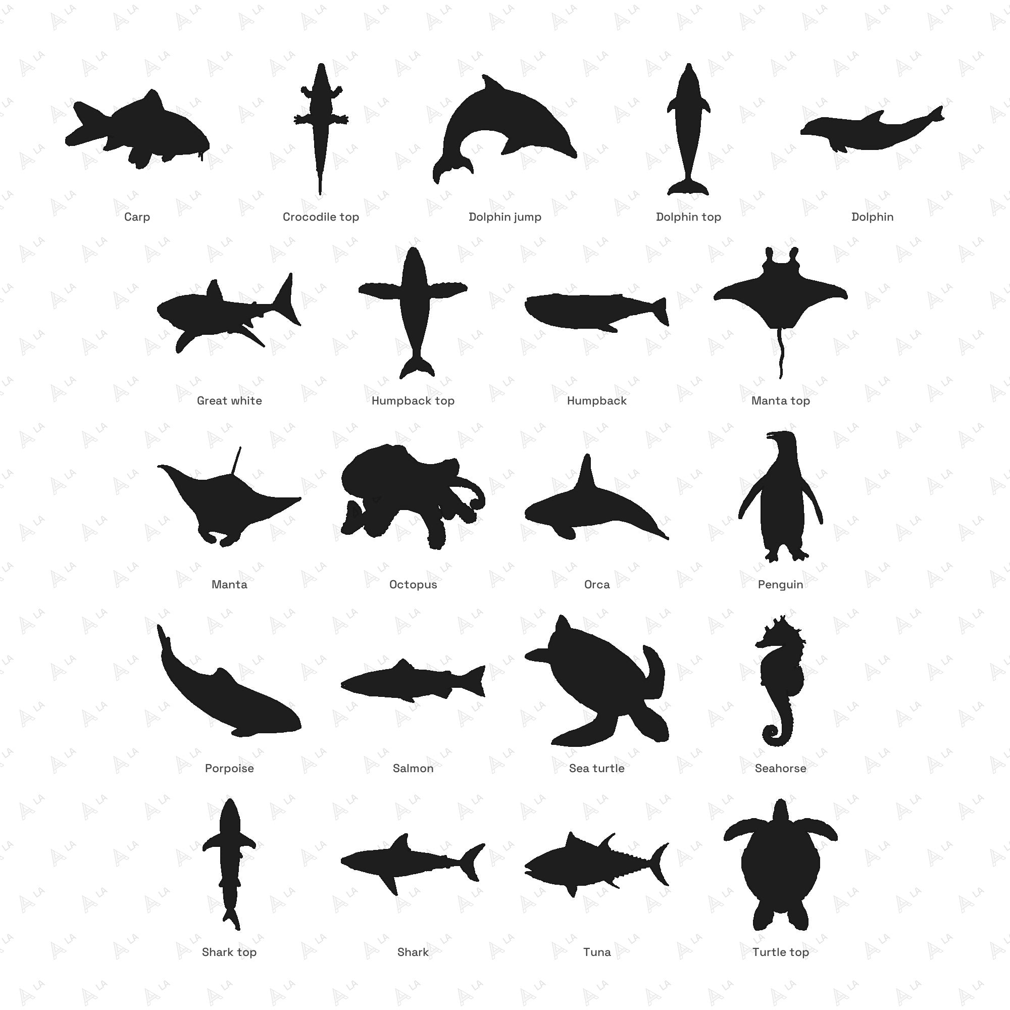 Exotic Animal Silhouettes CAD Blocks · Set 2 Marine & Reptiles all blocks