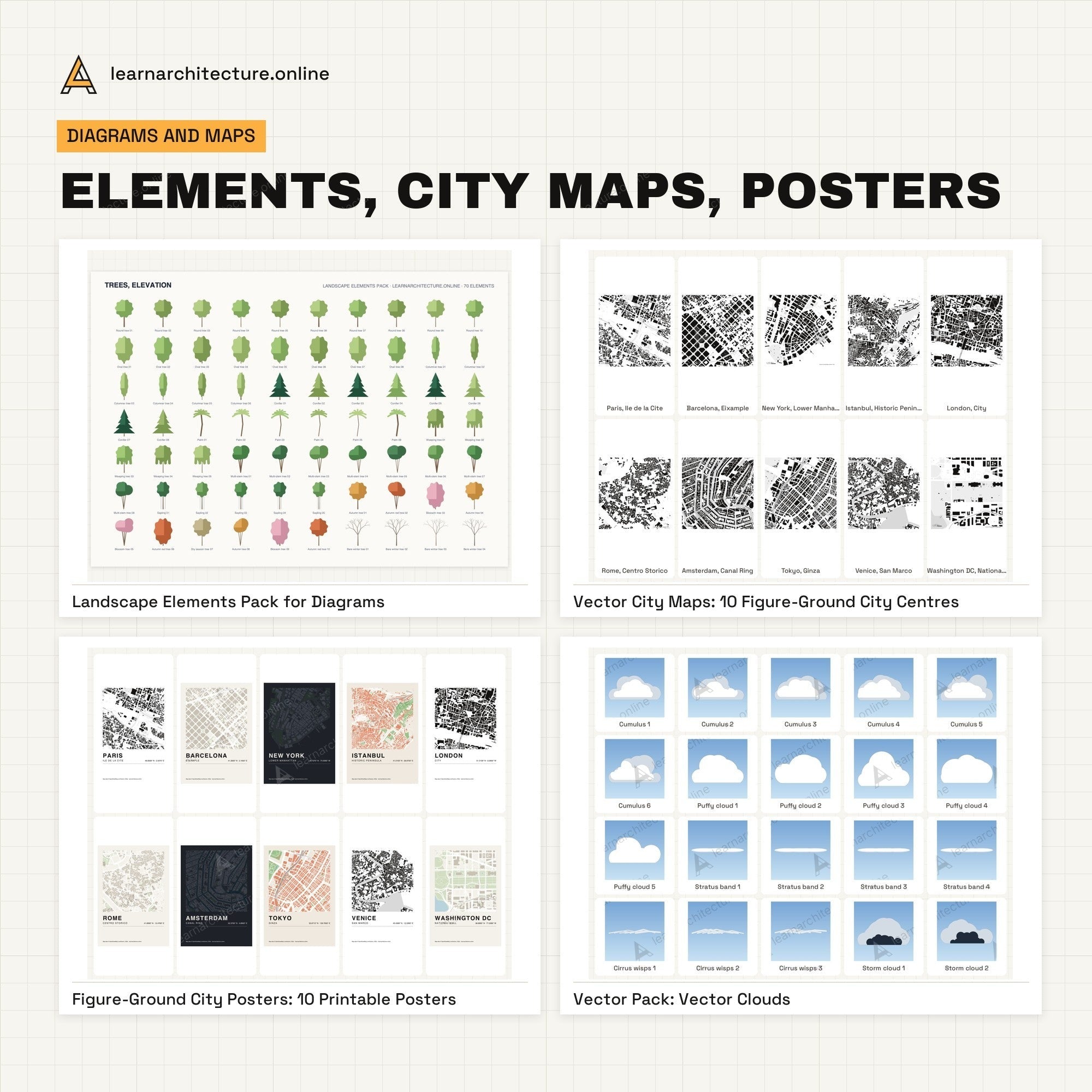 Diagram and Illustrator Mega Bundle elements, city maps, posters