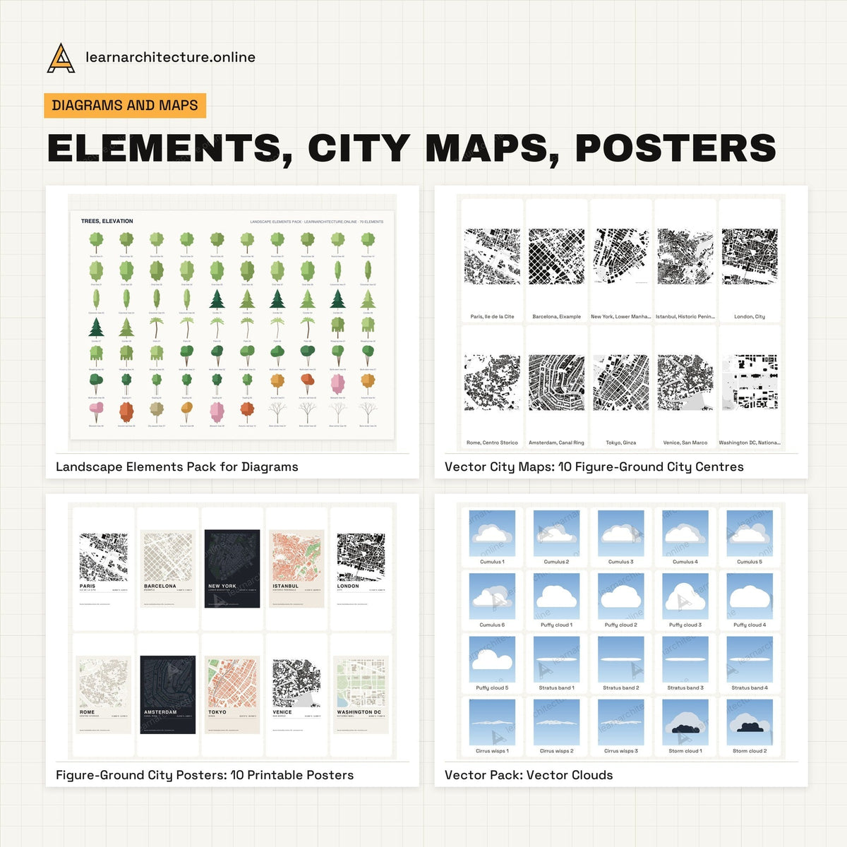 Diagram and Illustrator Mega Bundle elements, city maps, posters