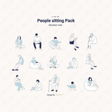 15 Sitting People Flat Vector Pack (Color and Line Art)