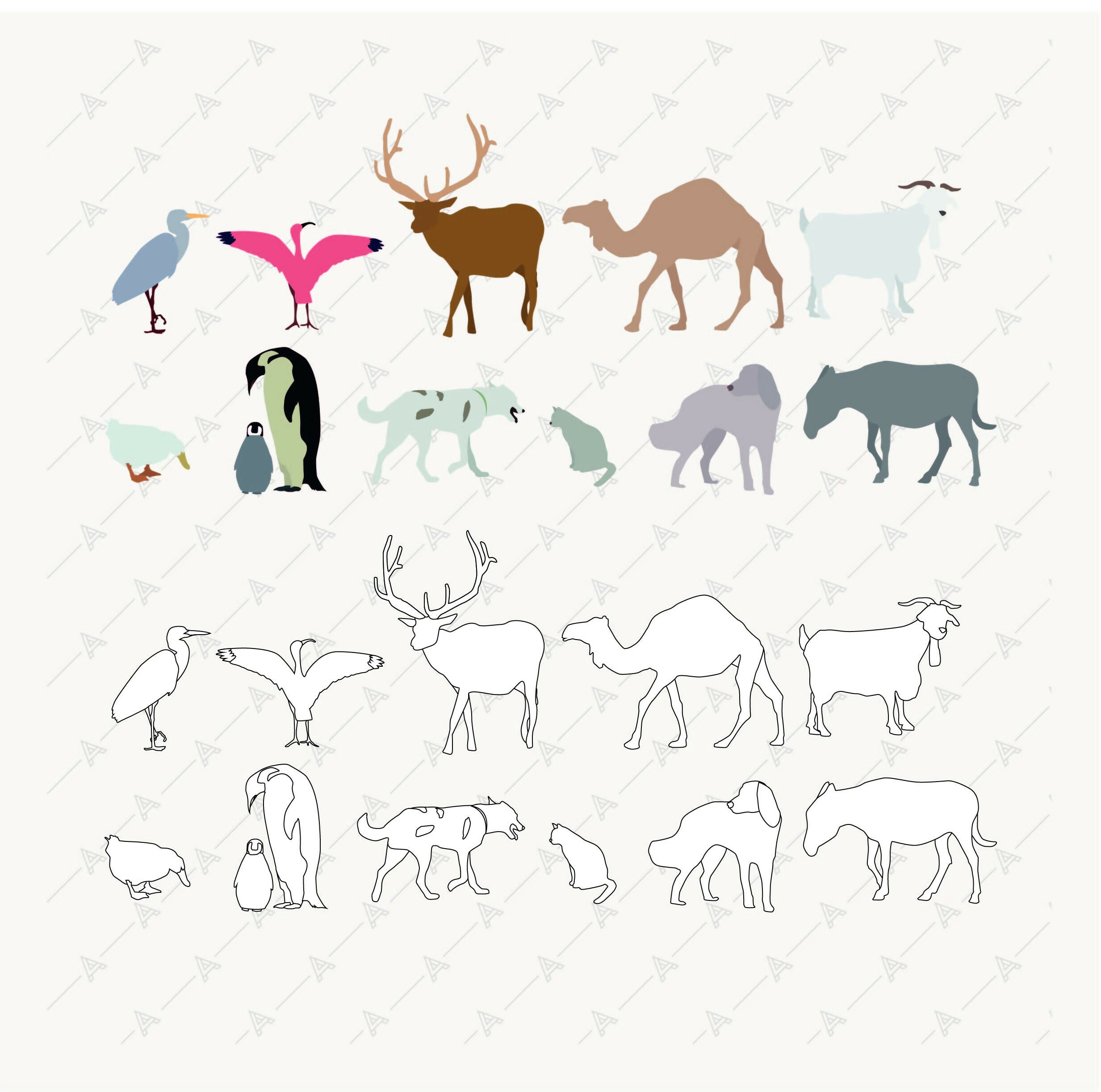 12 Flat Vector Animals — cutout pack for architectural visualisation
