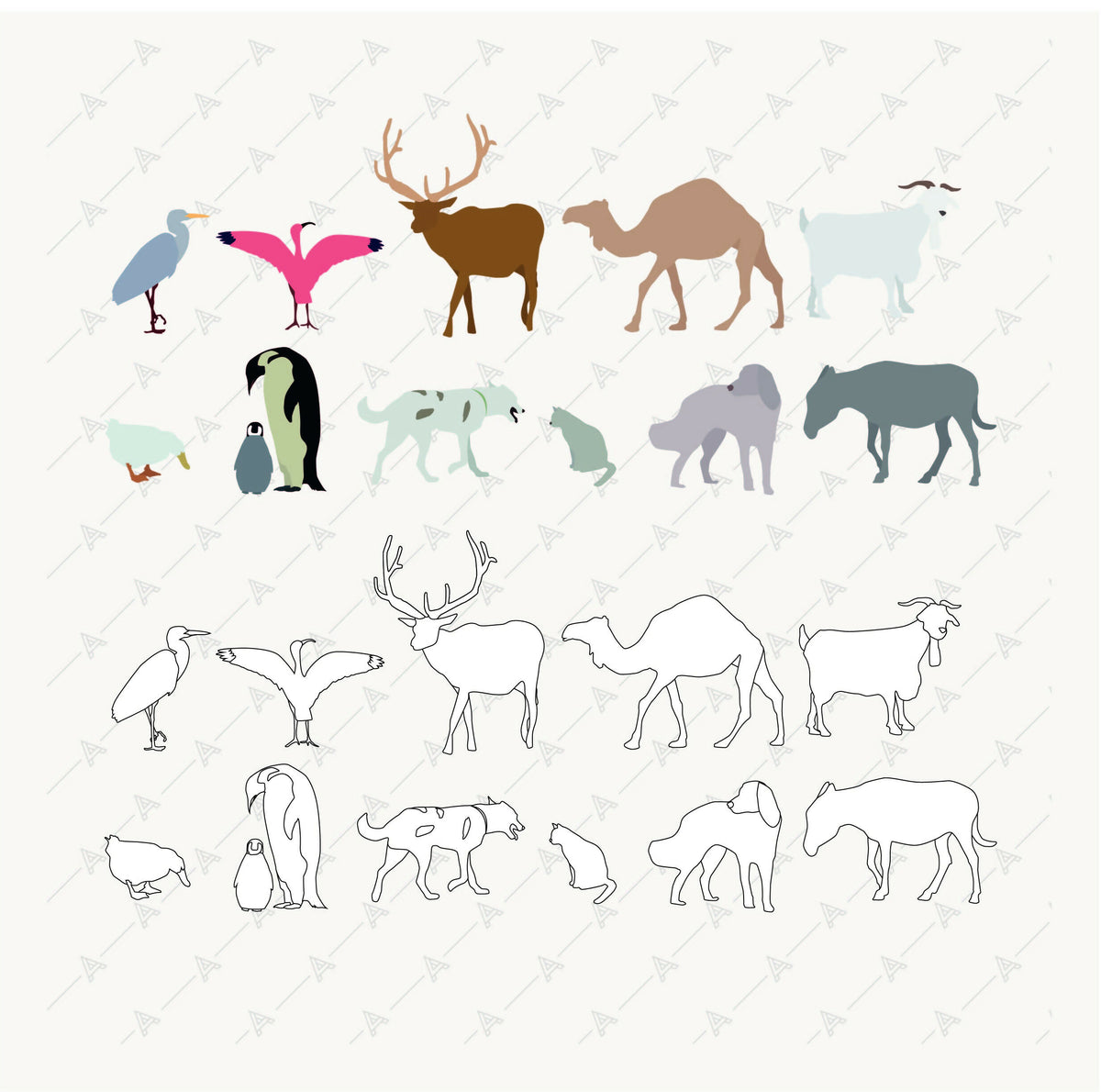 12 Flat Vector Animals — cutout pack for architectural visualisation
