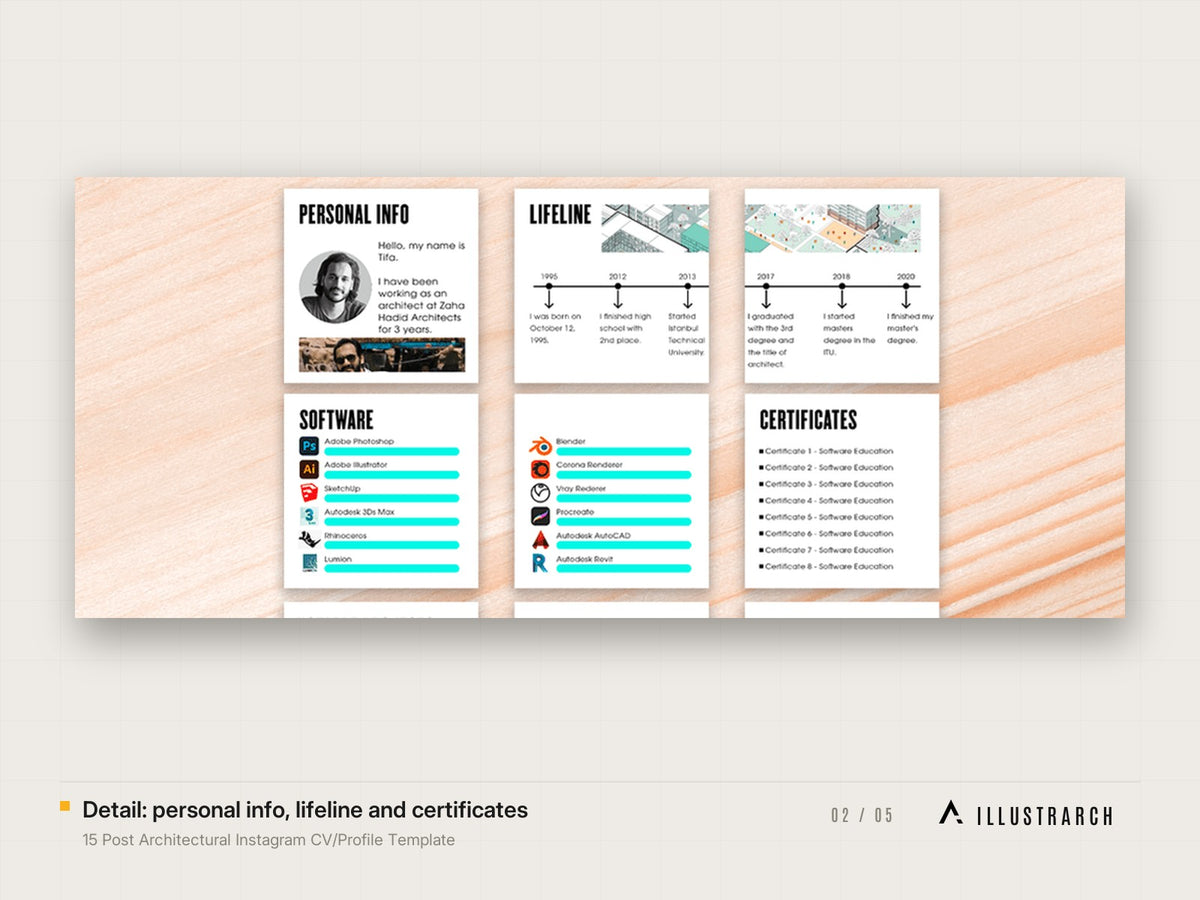 15 Post Architectural Instagram CV/Profile Template: detail personal info lifeline and certif