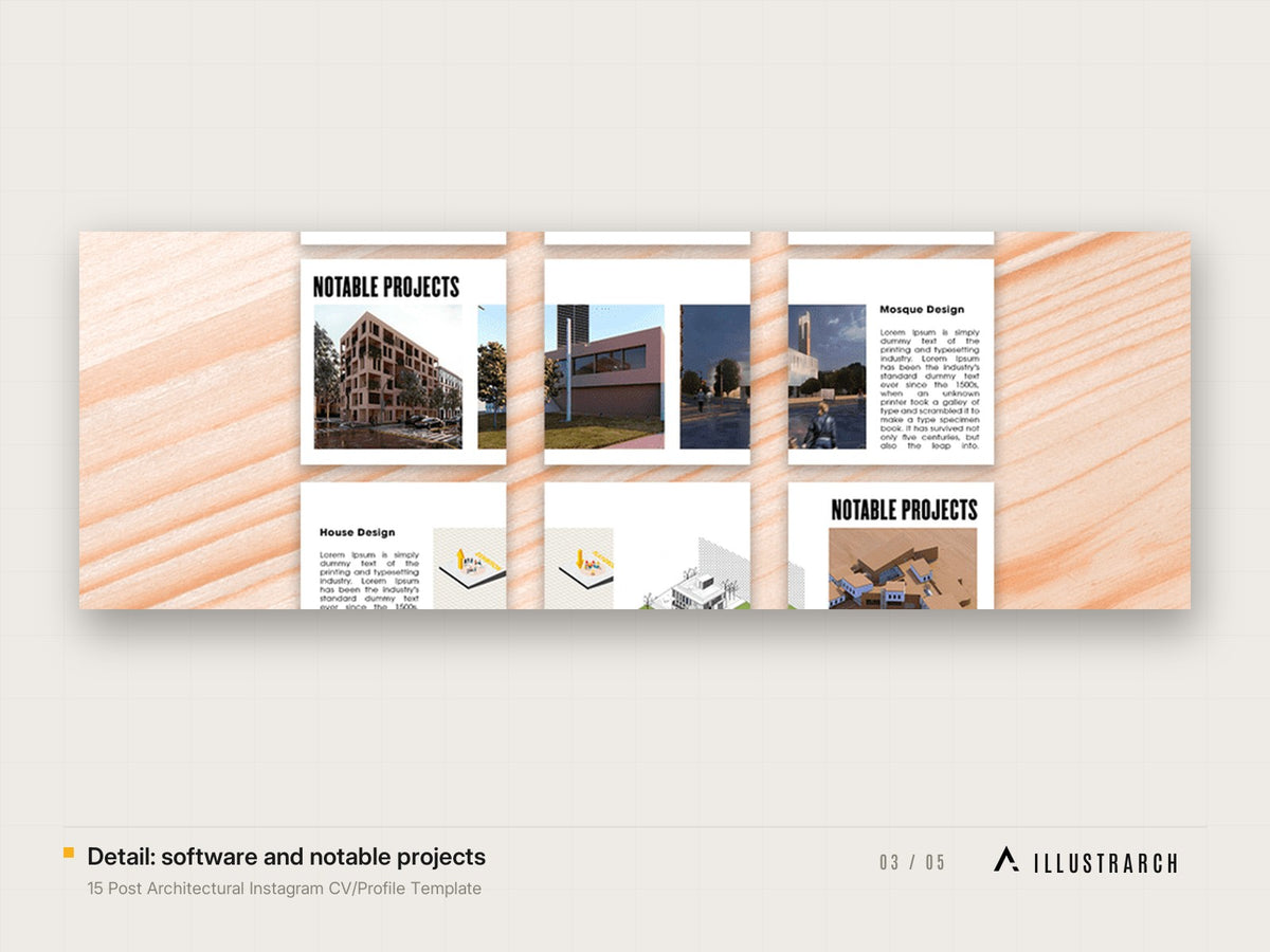 15 Post Architectural Instagram CV/Profile Template: detail software and notable projects