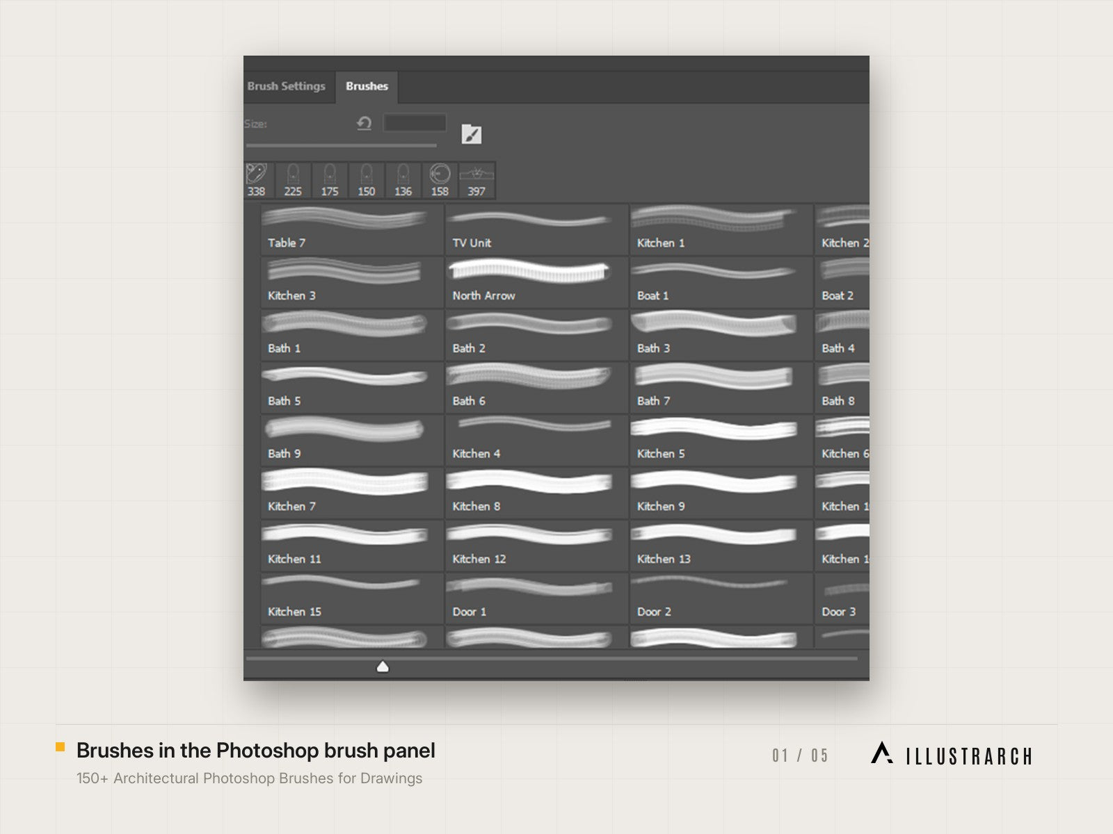 150+ Architectural Photoshop Brushes for Drawings: brushes in the photoshop brush panel
