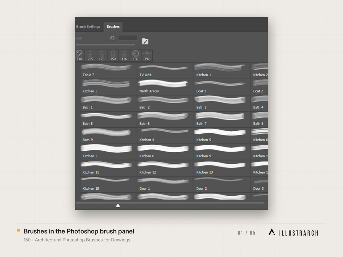 150+ Architectural Photoshop Brushes for Drawings: brushes in the photoshop brush panel