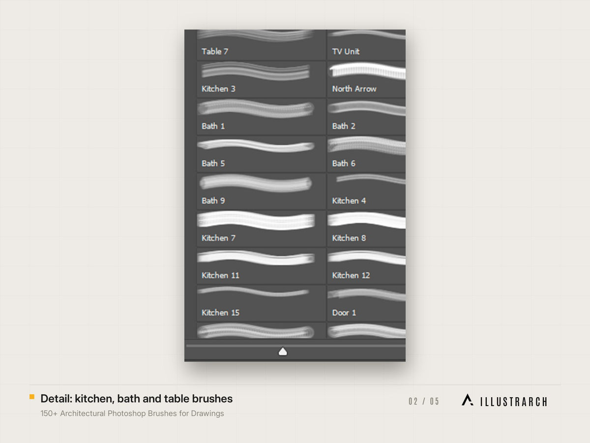 150+ Architectural Photoshop Brushes for Drawings: detail kitchen bath and table brushes