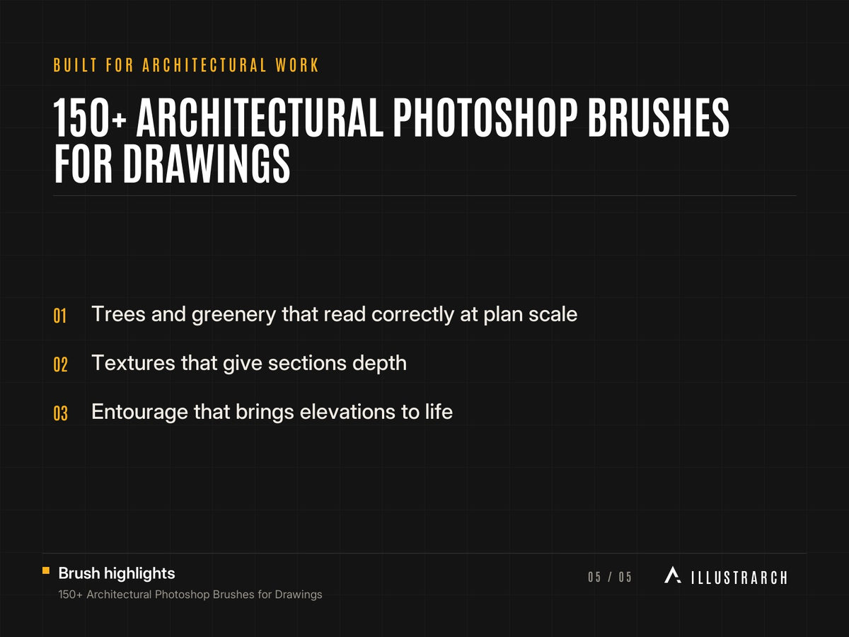 150+ Architectural Photoshop Brushes for Drawings: card built for architectural work