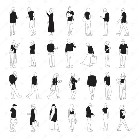 Architectural Elevation Life: 28 Vector People Drawings — CAD block set for architectural drawings