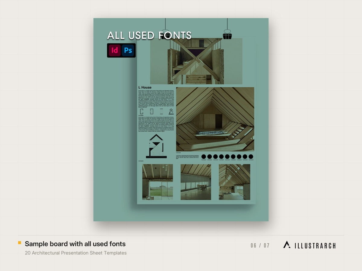 20 Architectural Presentation Sheet Templates: sample board with all used fonts