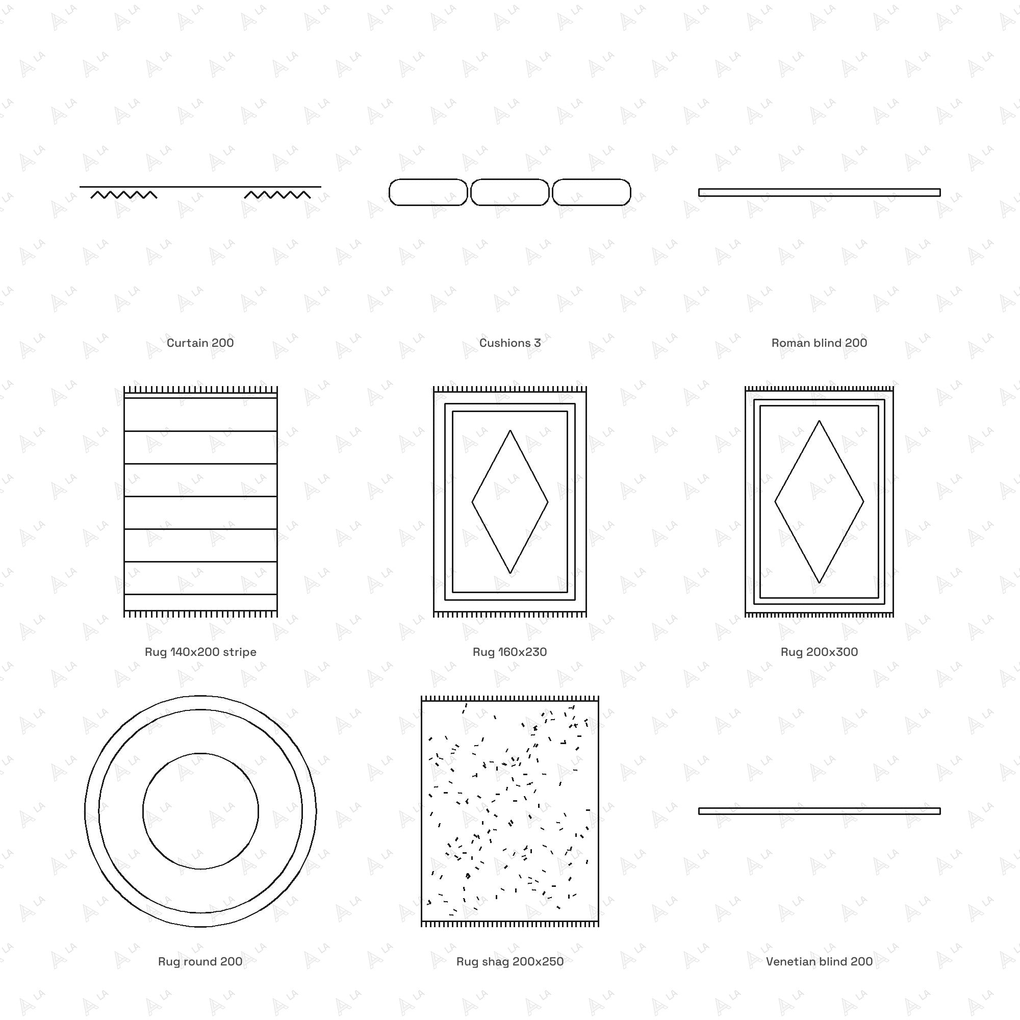 Decor & Accessories CAD Blocks · Set 1 Rugs, Curtains & Textiles all blocks