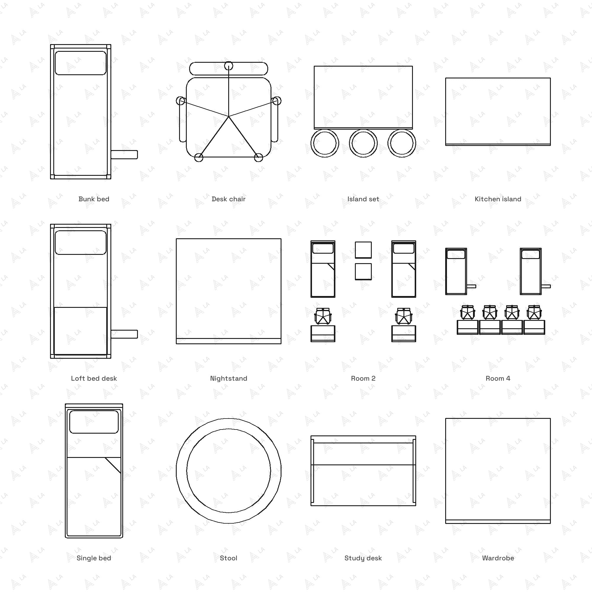 Dormitory Furniture CAD Blocks · Set 3 Compact all blocks