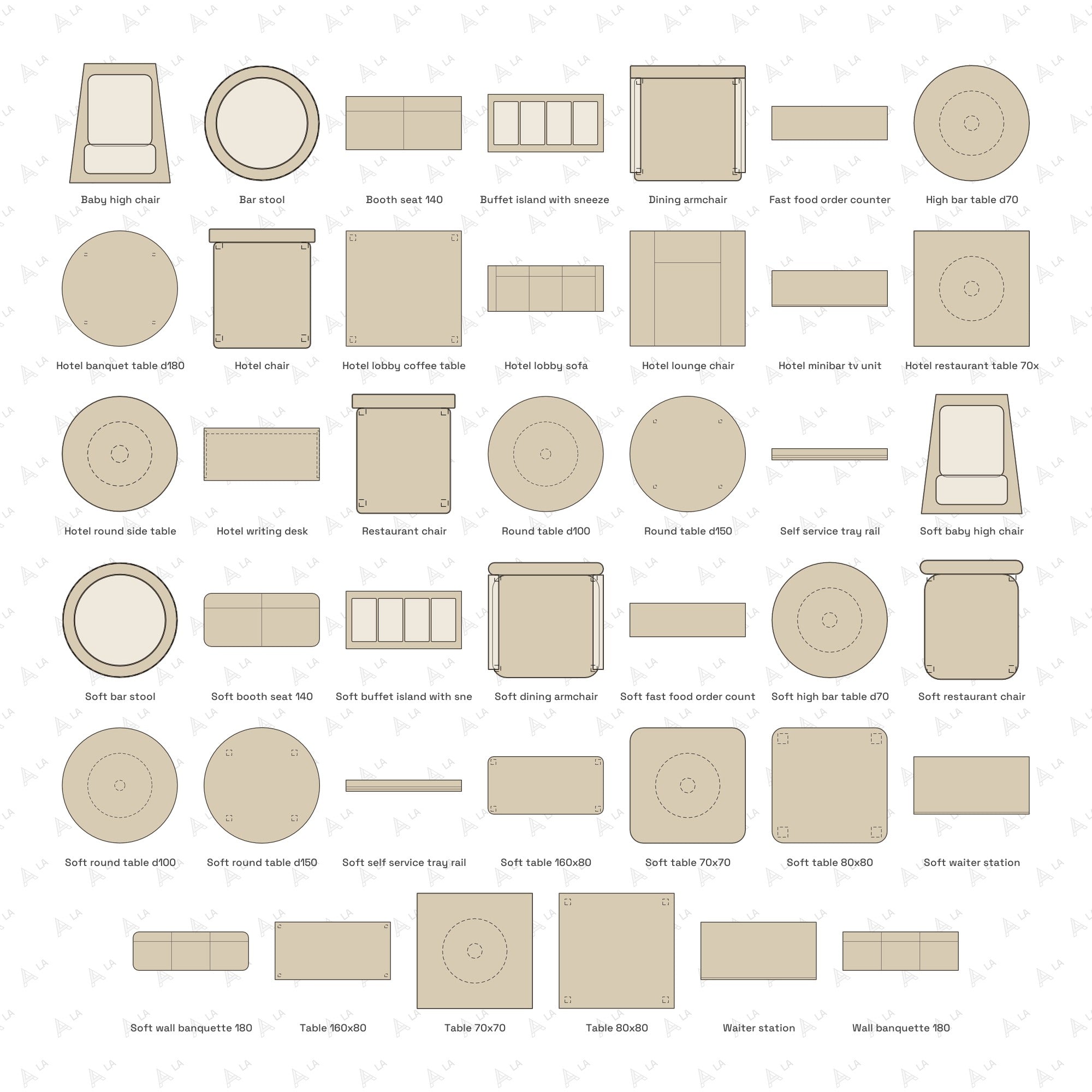 Restaurant, Cafe & Hotel Furniture Vector Pack all items