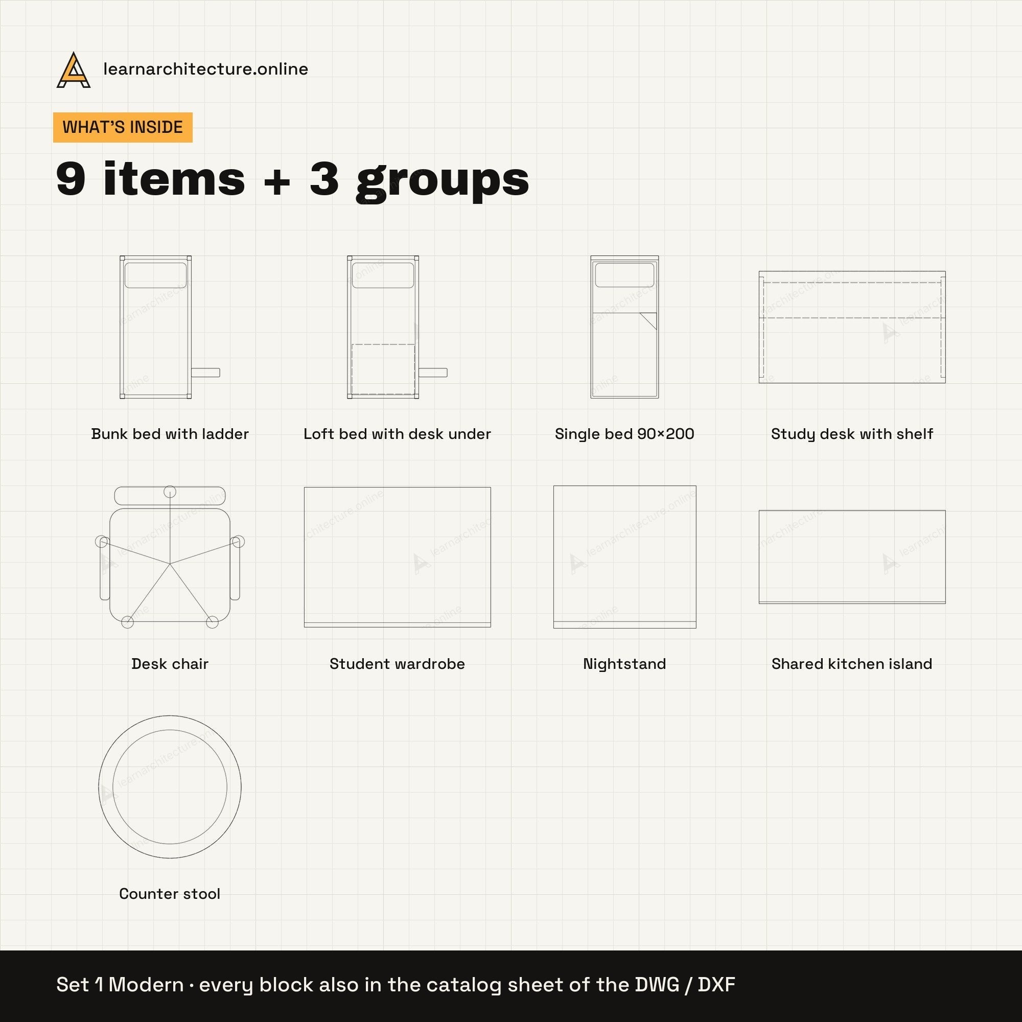 Dormitory Furniture CAD blocks set 1: contents