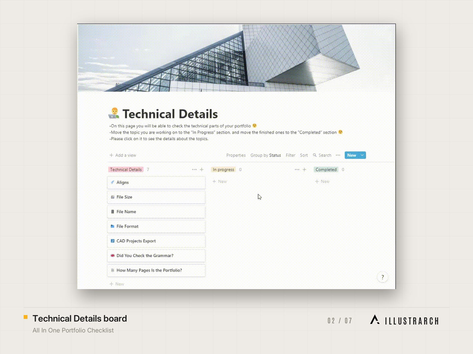 All In One Portfolio Checklist: technical details board