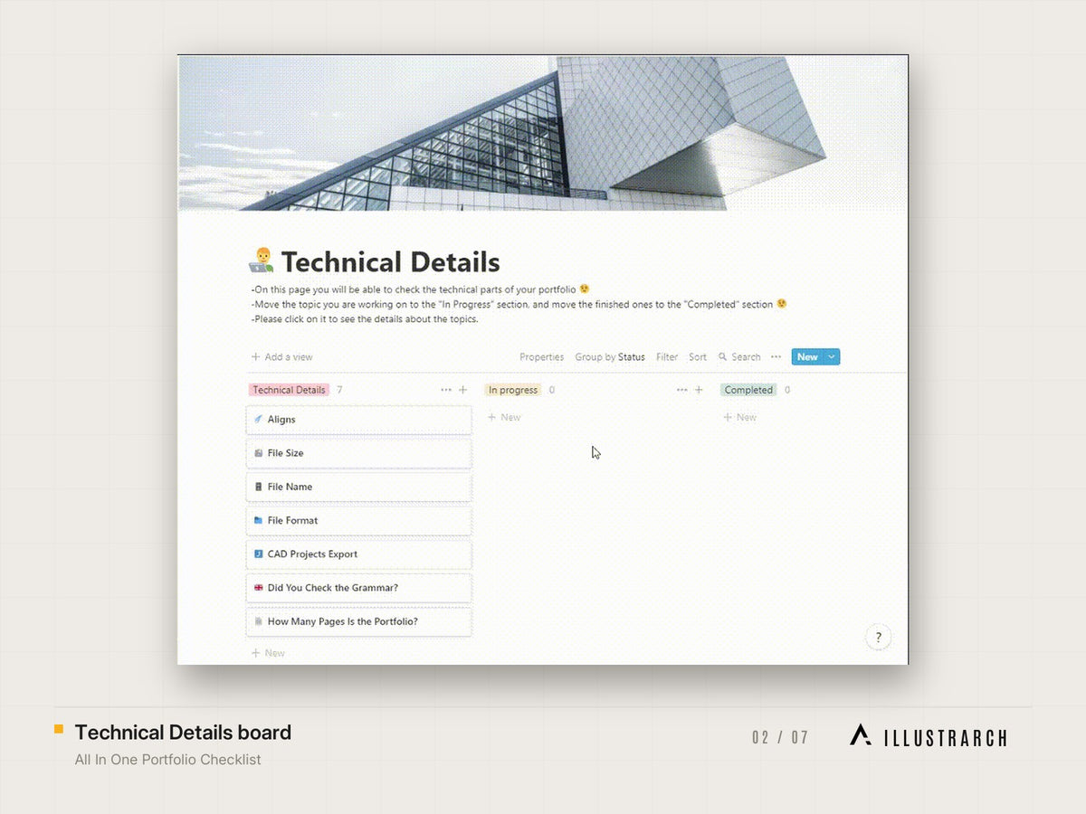 All In One Portfolio Checklist: technical details board