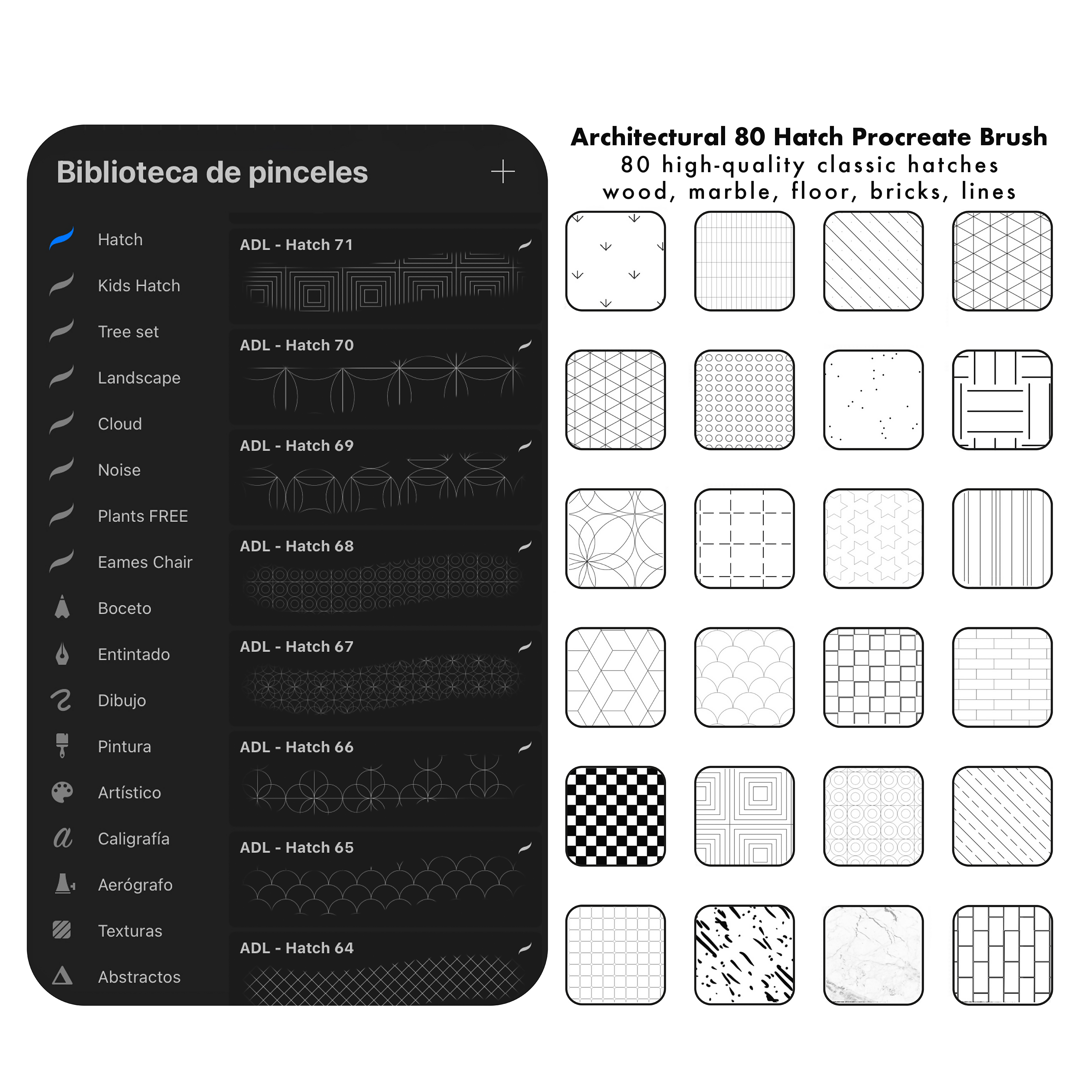 80 architectural hatch Procreate brushes preview with brush library and pattern swatches