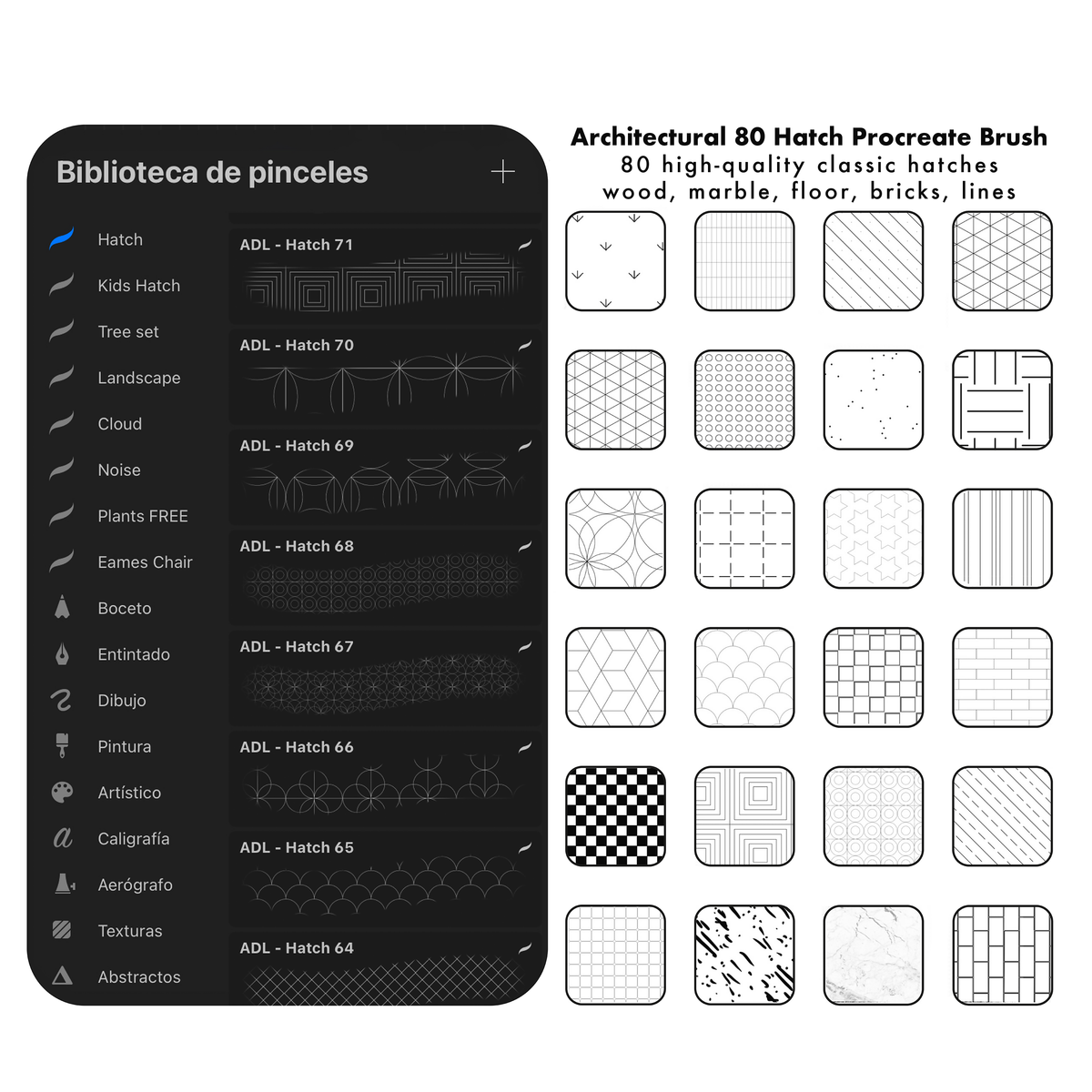 80 architectural hatch Procreate brushes preview with brush library and pattern swatches
