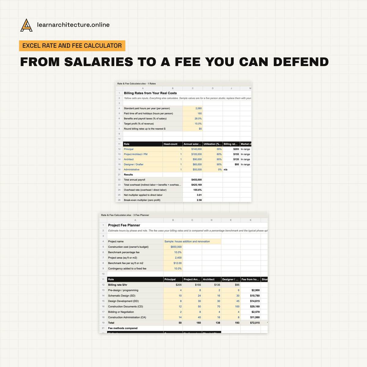 Architecture Firm Business Kit Excel rate and fee calculator