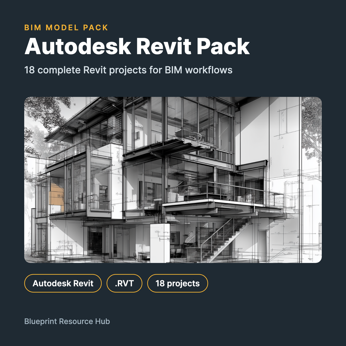 Autodesk Revit Pack cover with a sketch-style house render: 18 Revit projects for BIM workflows