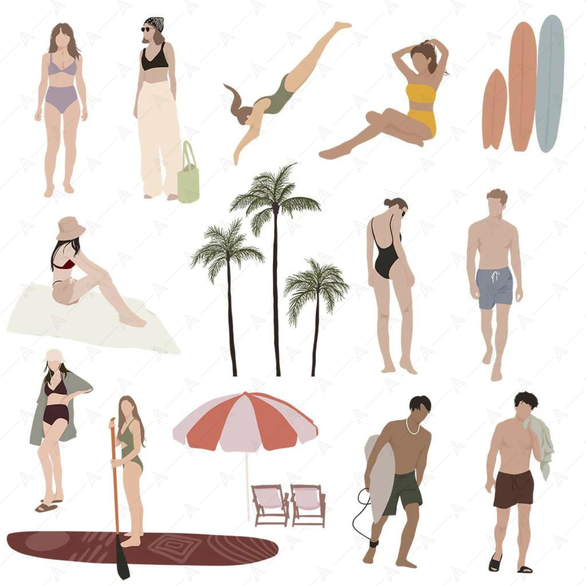 Beach People and Objects Illustrations — cutout pack for architectural visualisation