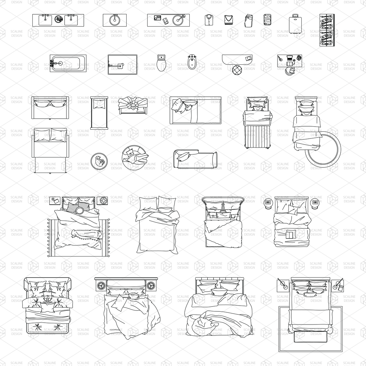 Bedroom Furniture Top View — CAD block set for architectural drawings, preview 1 of 4
