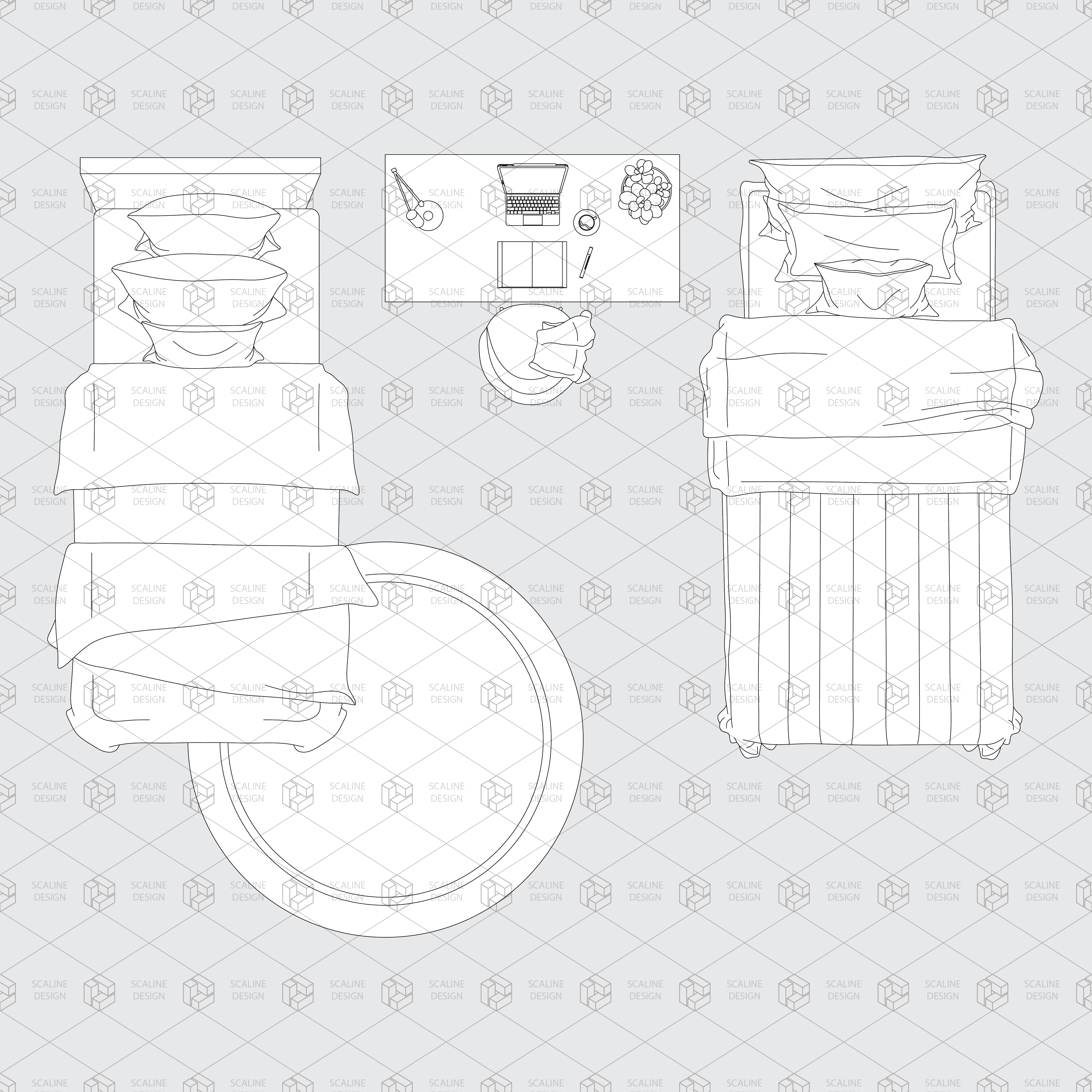 Bedroom Furniture Top View — CAD block set for architectural drawings, preview 3 of 4