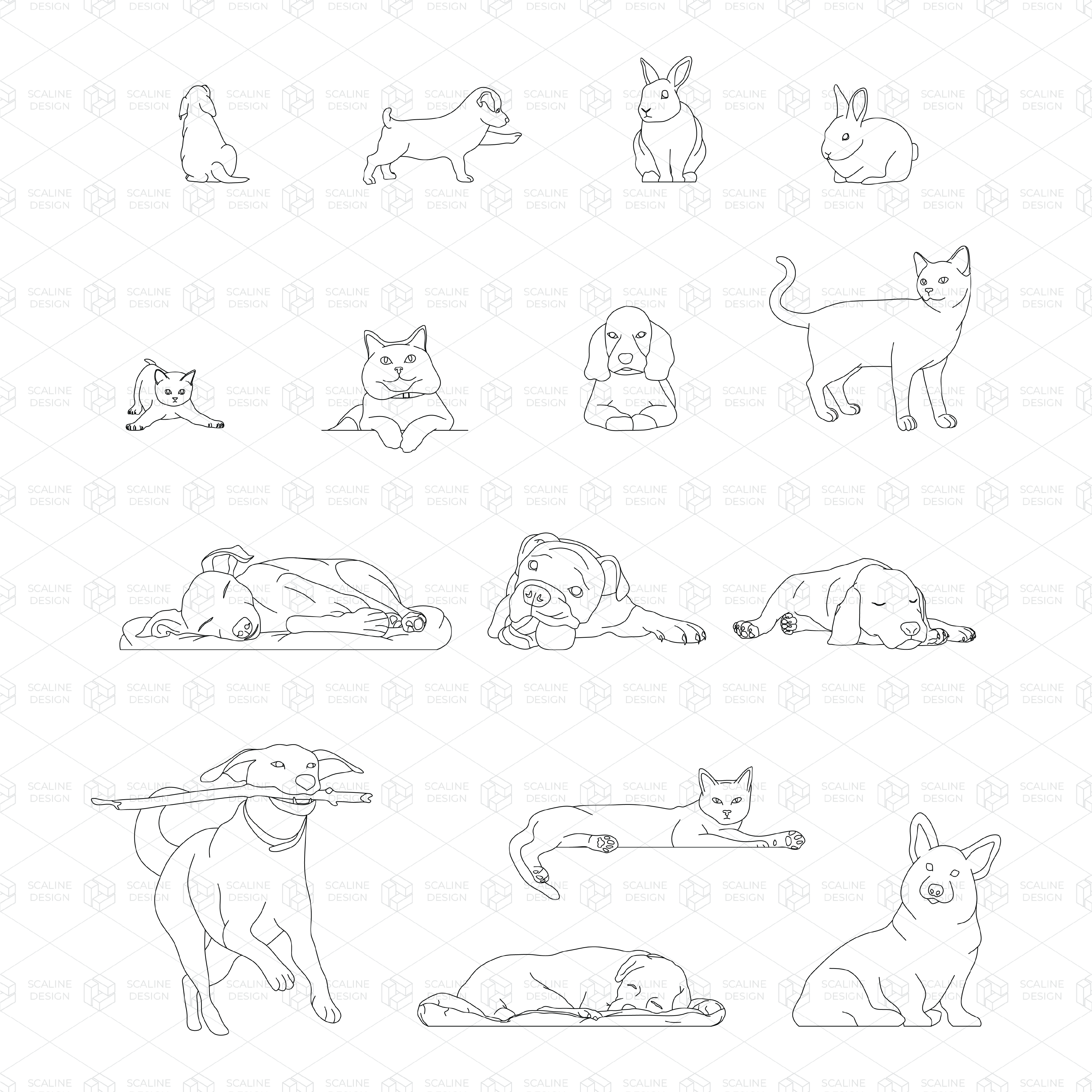 Cad & Vector Pets – Domestic Animals (Elevation) — CAD block set for architectural drawings, preview 1 of 3