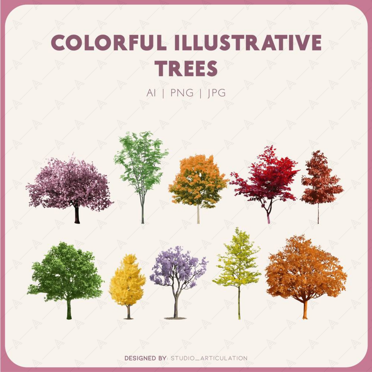 Colorful Illustrative Trees Pack 1 — cutout pack for architectural visualisation, preview 1 of 2