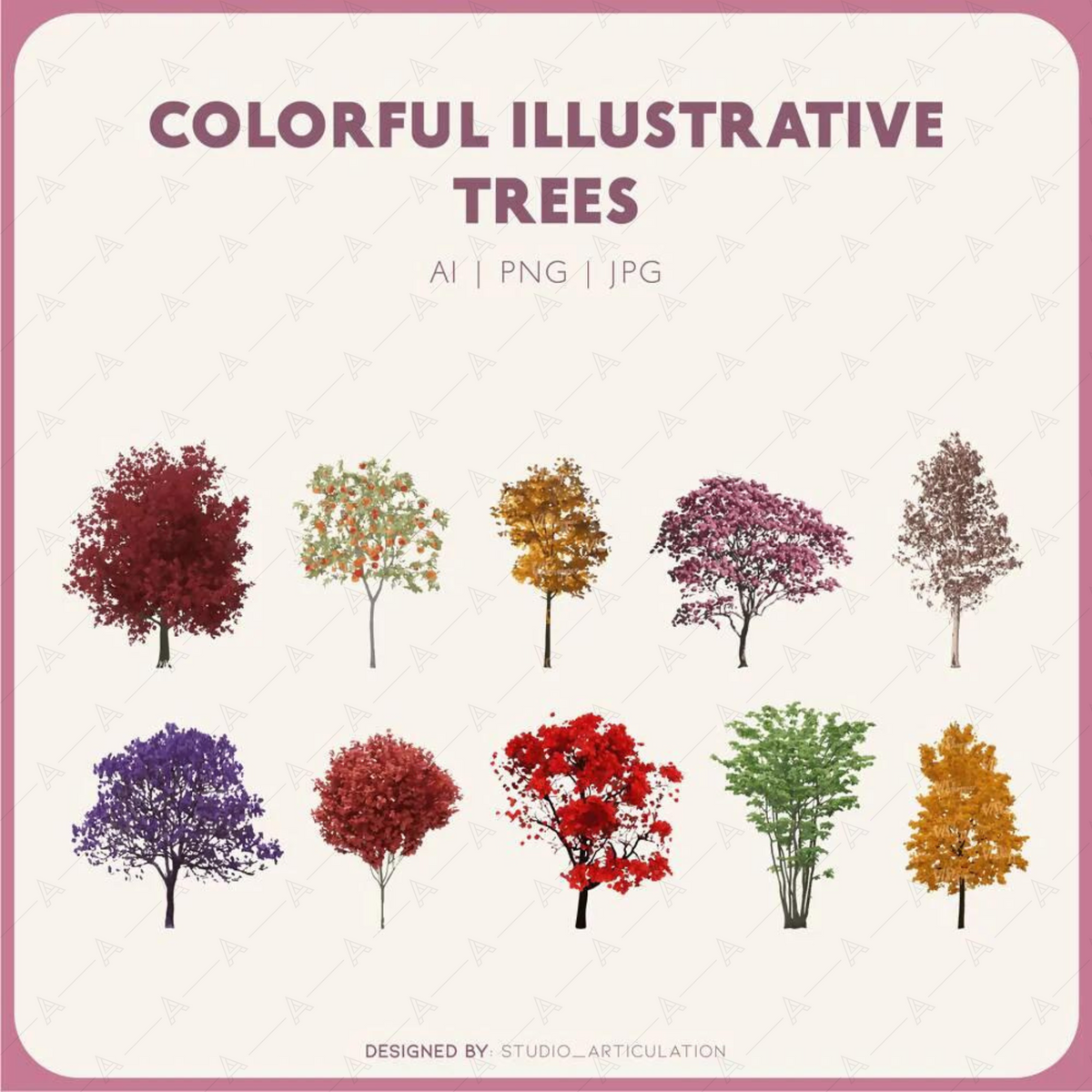 Colorful Illustrative Trees Pack 1 — cutout pack for architectural visualisation, preview 2 of 2