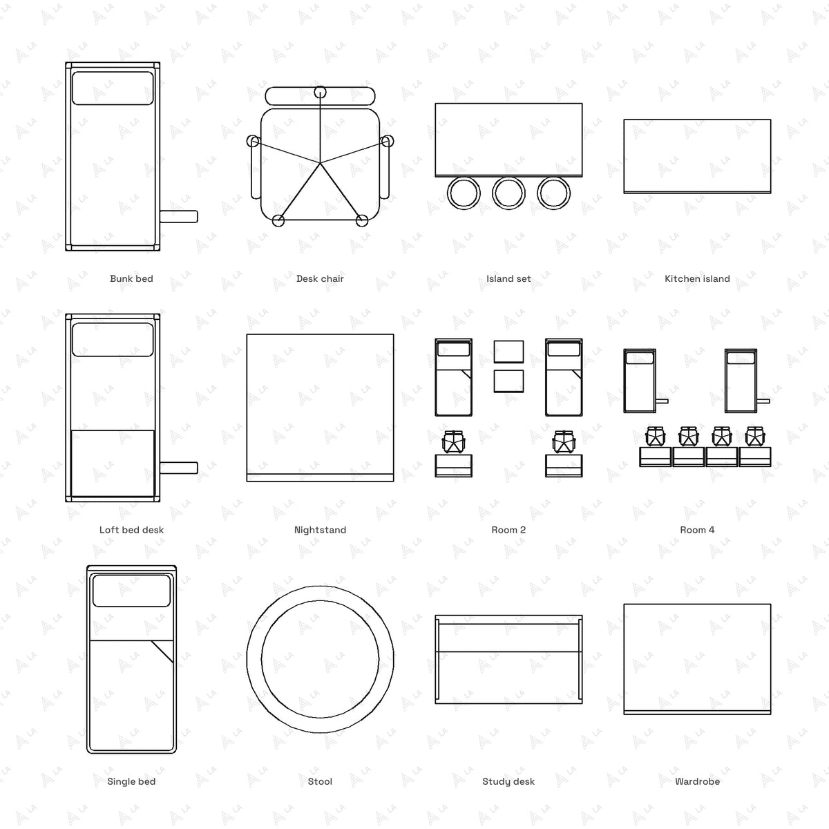 Dormitory Furniture CAD Blocks · Set 2 Soft all blocks