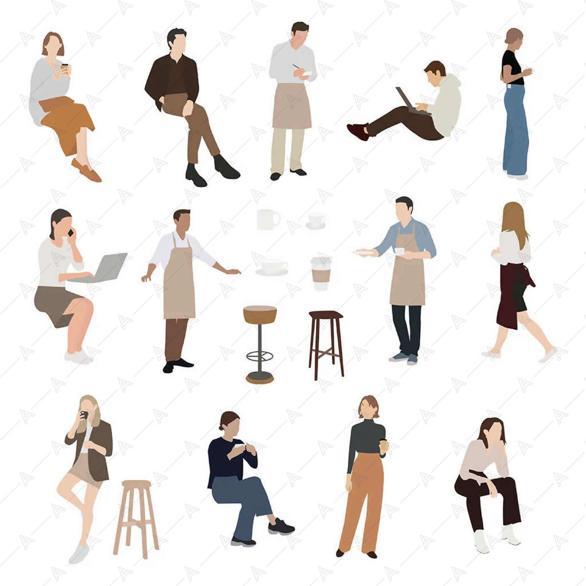 Flat Vector Cafe People and Objects — cutout pack for architectural visualisation, preview 1 of 2