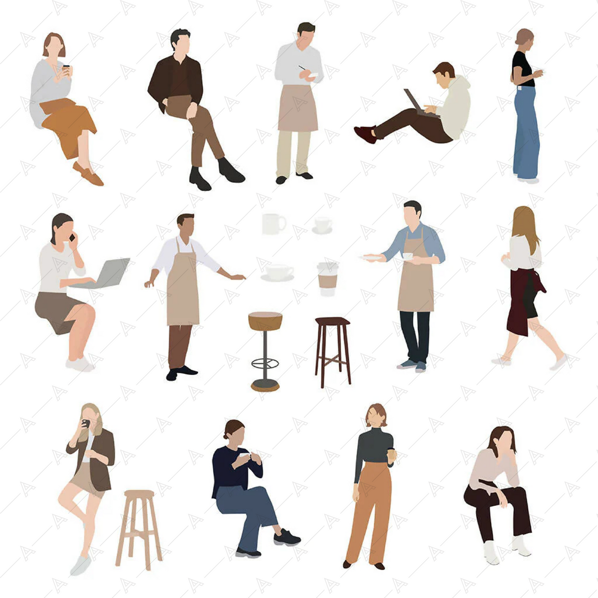Flat Vector Cafe People and Objects — cutout pack for architectural visualisation, preview 1 of 2