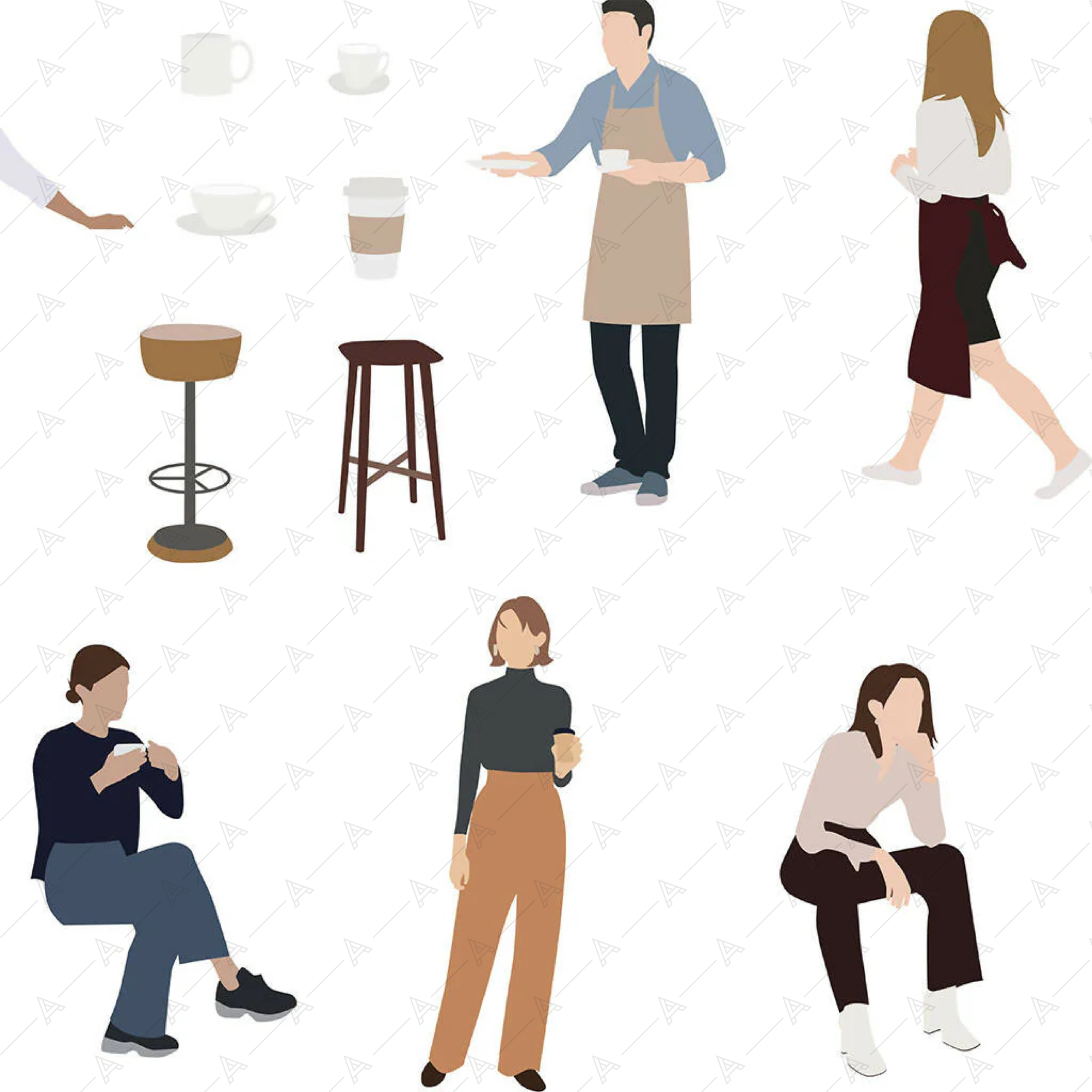 Flat Vector Cafe People and Objects — cutout pack for architectural visualisation, preview 2 of 2