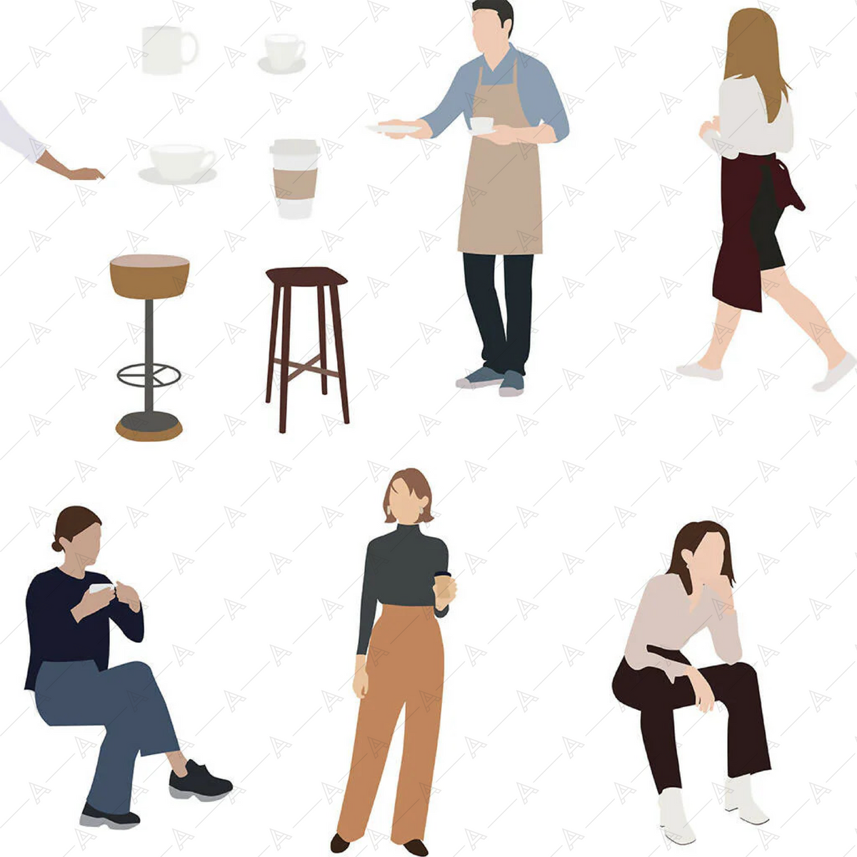 Flat Vector Cafe People and Objects — cutout pack for architectural visualisation, preview 2 of 2