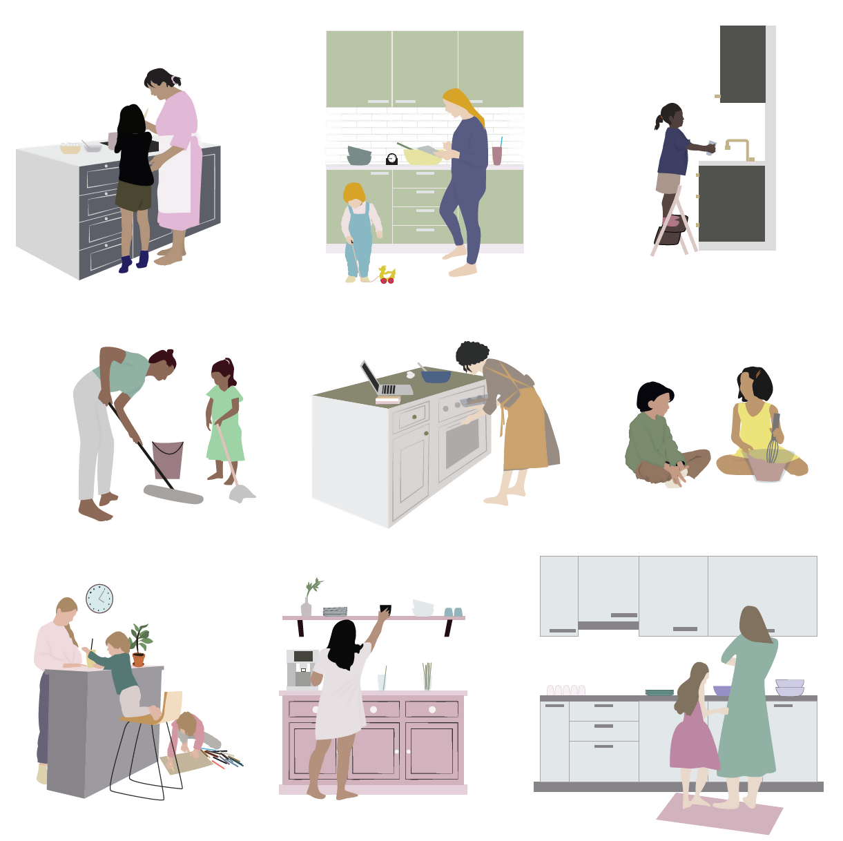Flat Vector Kids, Family Cooking In Kitchen — cutout pack for architectural visualisation, preview 1 of 4