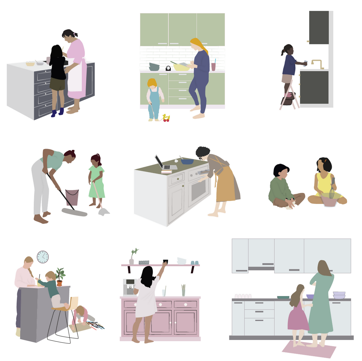 Flat Vector Kids, Family Cooking In Kitchen — cutout pack for architectural visualisation, preview 1 of 4