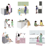 Flat Vector Kids, Family Cooking In Kitchen