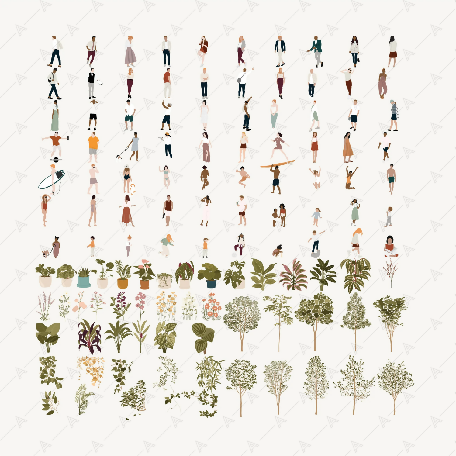 Flat Vector People + Vegetation set — cutout pack for architectural visualisation