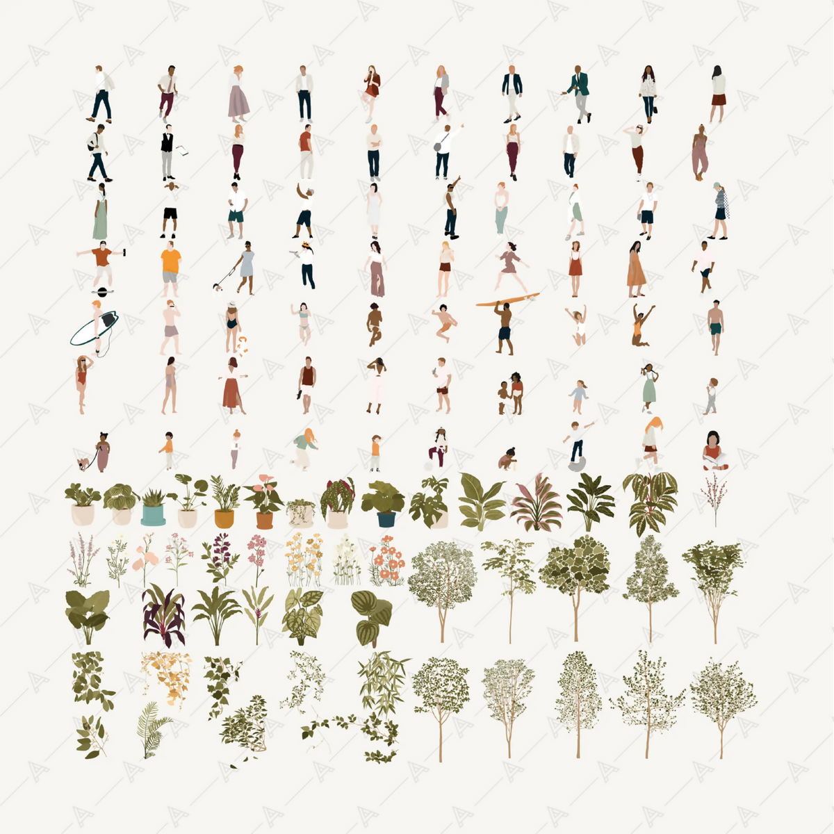Flat Vector People + Vegetation set — cutout pack for architectural visualisation