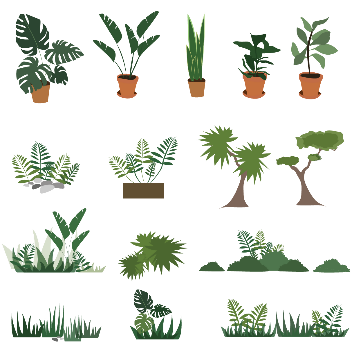 Flat Vector Plants Jungle 15+ — cutout pack for architectural visualisation, preview 1 of 4