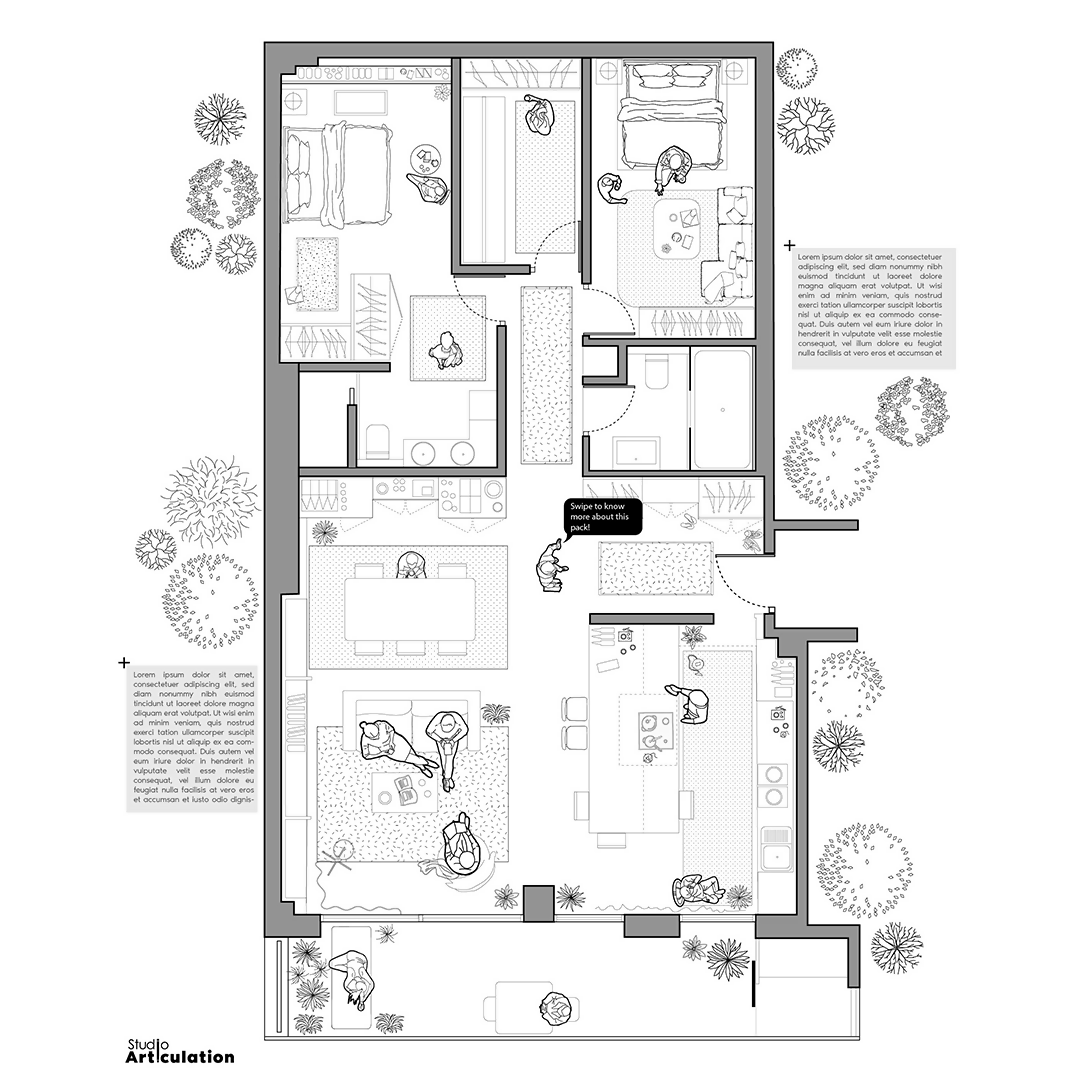 Flat Vector Residence Plan And Elements — cutout pack for architectural visualisation, preview 1 of 3