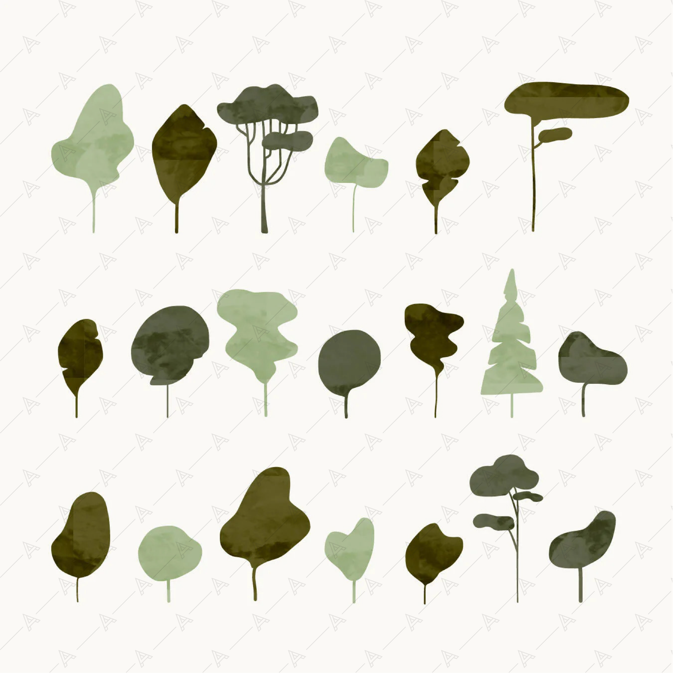 Flat Vector Watercolor Trees — cutout pack for architectural visualisation, preview 1 of 2