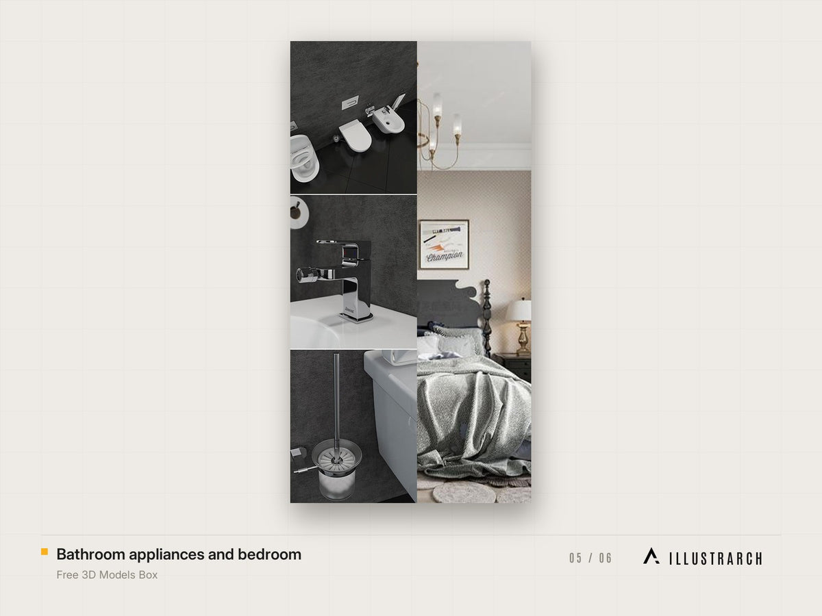 Free 3D Models Box for Architectural Renders: bathroom appliances and bedroom