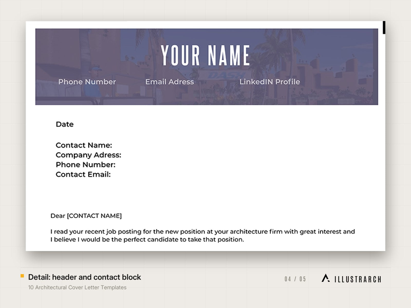 10 Architectural Cover Letter Templates: detail header and contact block