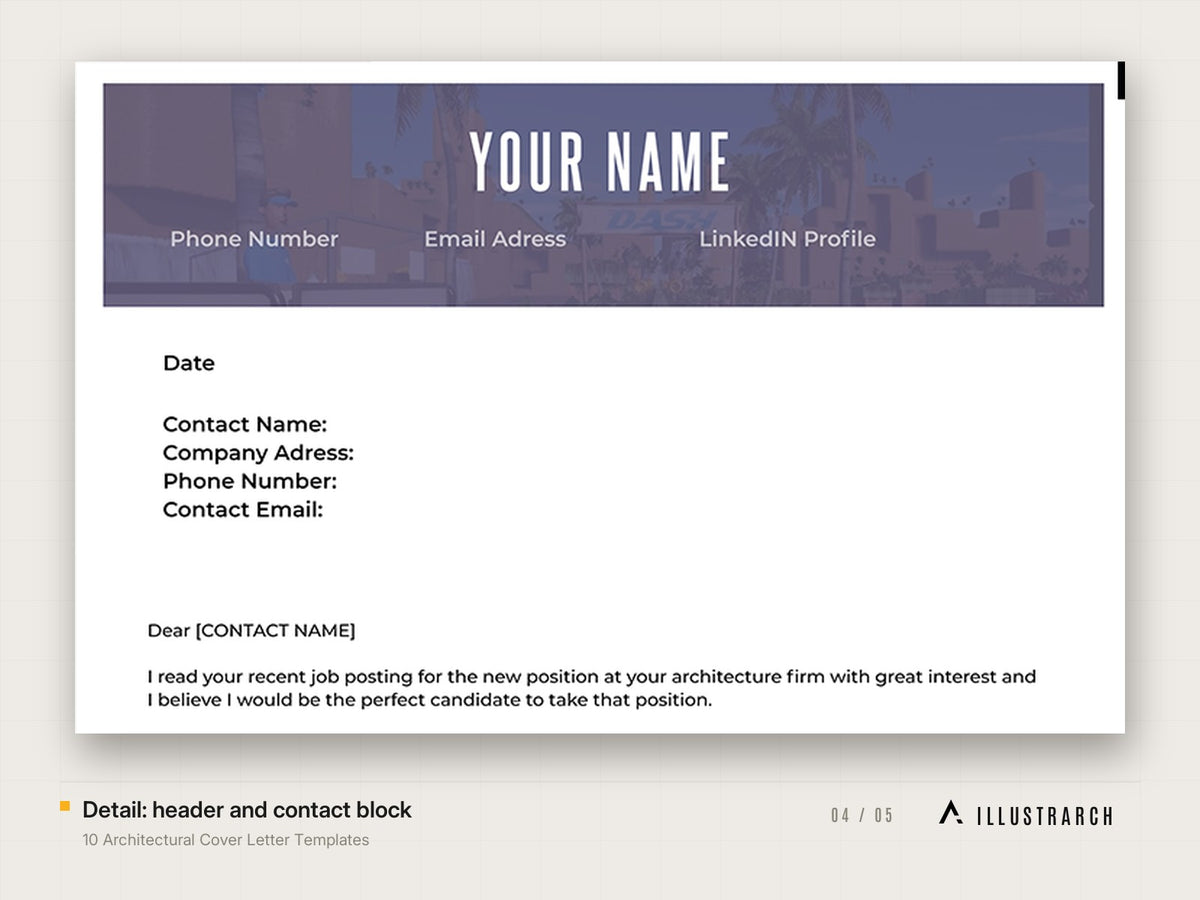 10 Architectural Cover Letter Templates: detail header and contact block