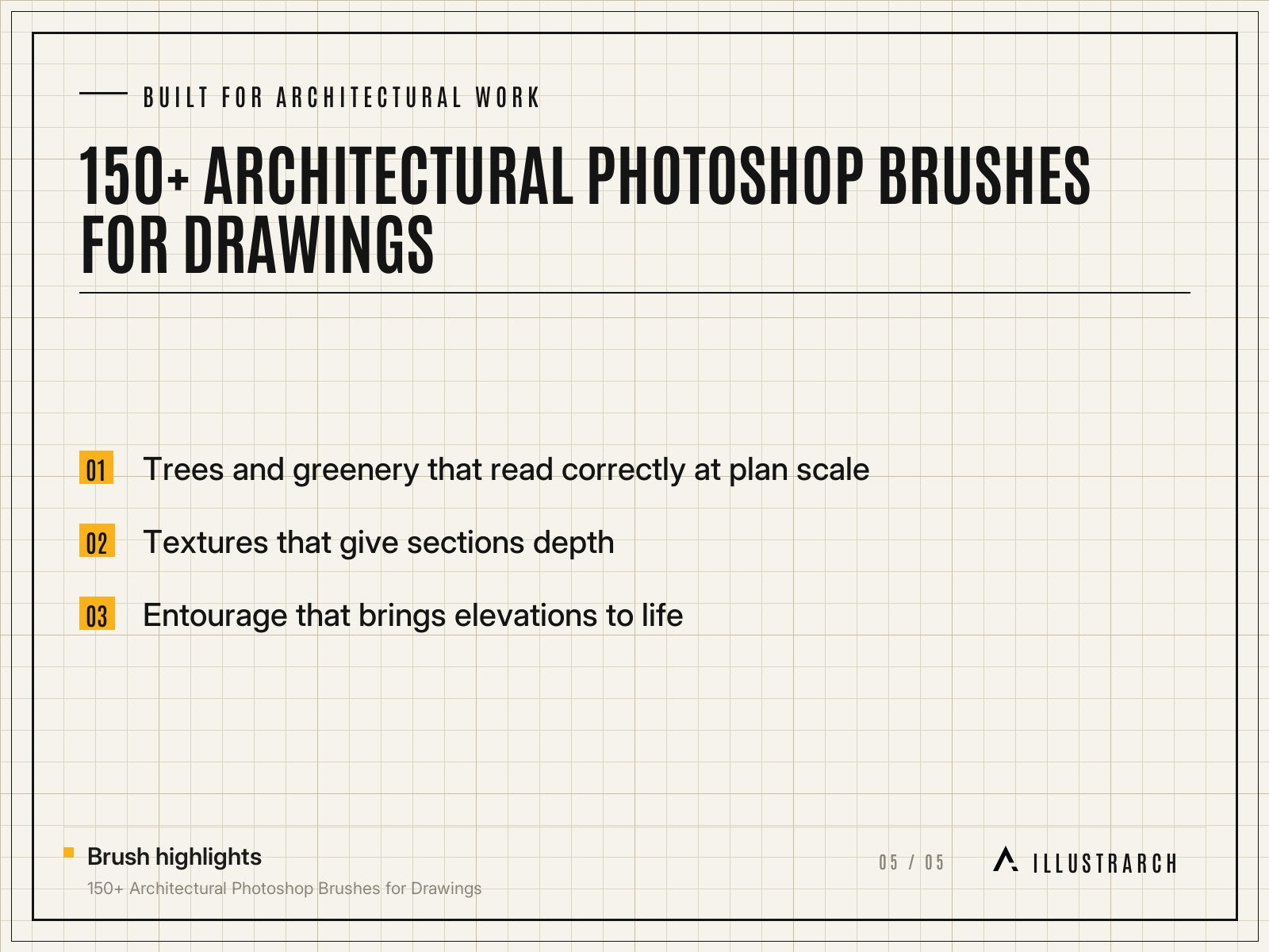 150+ Architectural Photoshop Brushes for Drawings: card built for architectural work